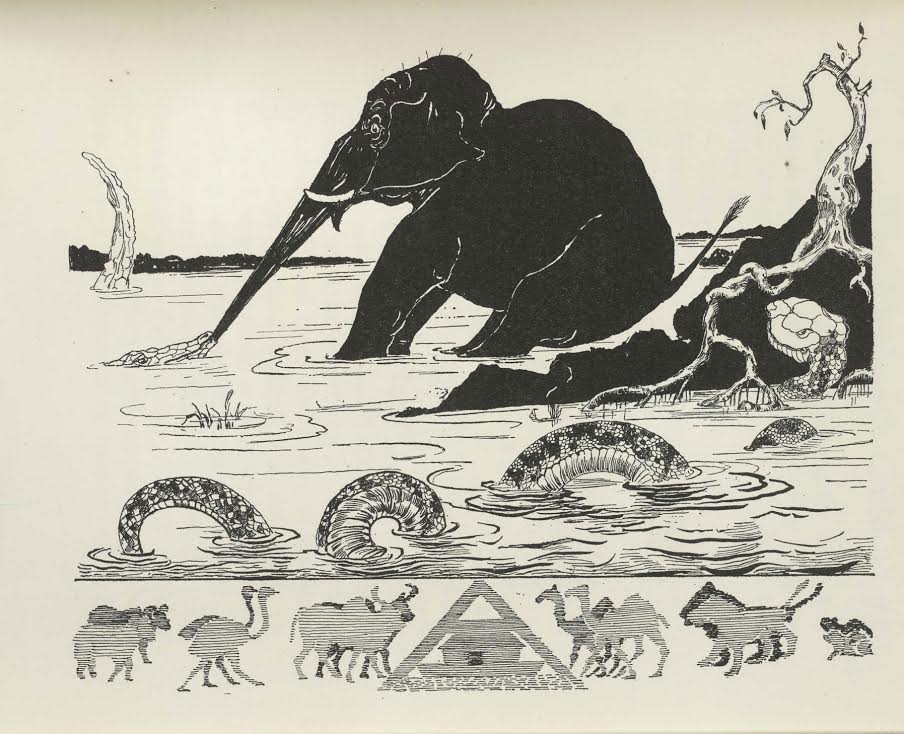 woodcut of elephant getting its trunk