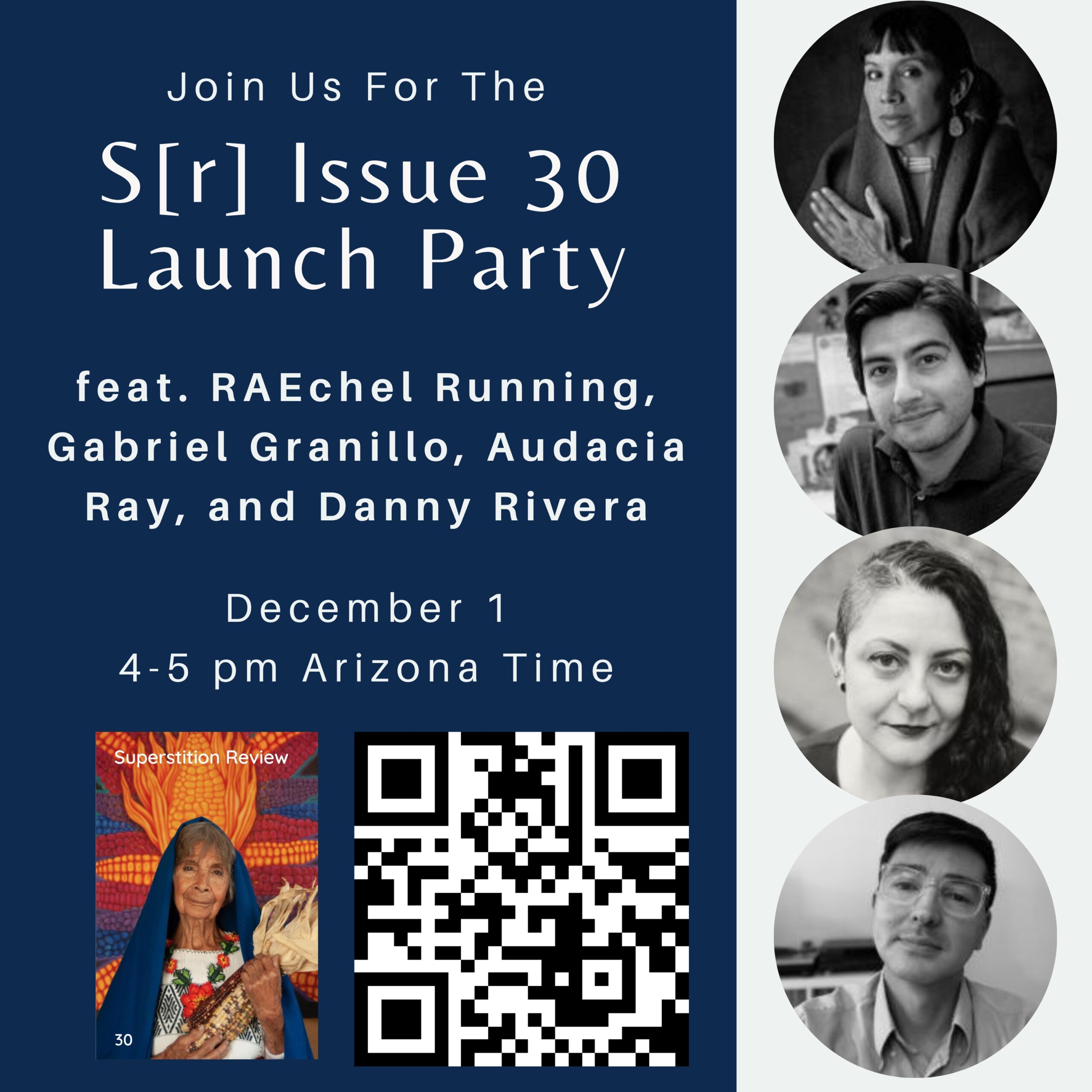 The poster for Issue 30's Launch Party. The text reads: "Join us for the SR Issue 30 Launch Party. Feat. RAEchel Running, Gabriel Granillo, Audacia Ray, and Danny Rivera. December 1 4-5 pm AZ time."