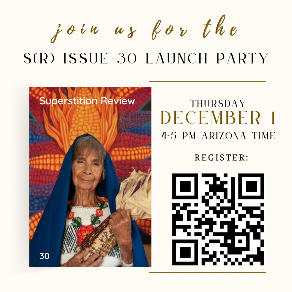 This is the poster for SR's launch party. The text reads, "Join us for the Issue 30 Launch Party, Thursday December 1, 4-5 PM Arizona Time."