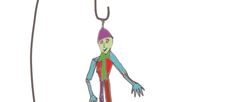 A cartoon by Alan Parker. A strange and colorful puppet hangs from some kind of metal stem (possibly a plant hanger). It says, "How Mark the Marionette imagines Heaven."