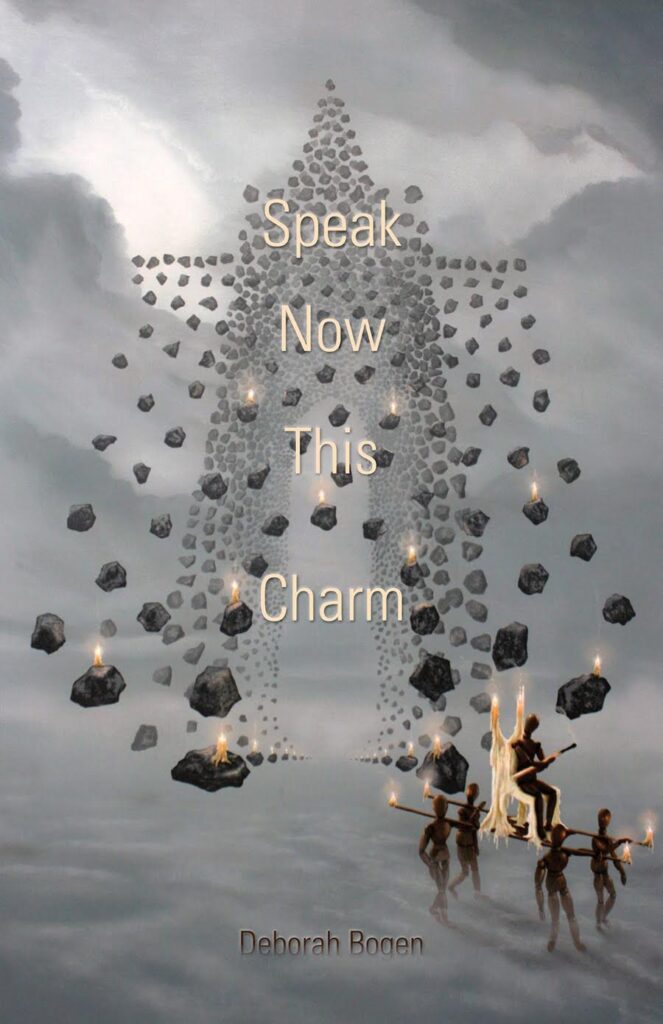 The cover of "Speak Now This Charm." It's very surreal. There appear to be lit rocks floating about an ocean. Clouds obscure the sky, and a stone structure looms in the distance.