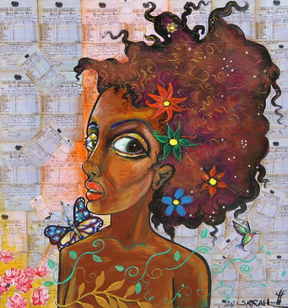 Titled "Not For Sale." Description: A painting of a black woman. She has flowers in her hair and a butterfly on her shoulder. There are vines and plants growing along the bottom. There are old receipts in the background from the State of Louisiana.