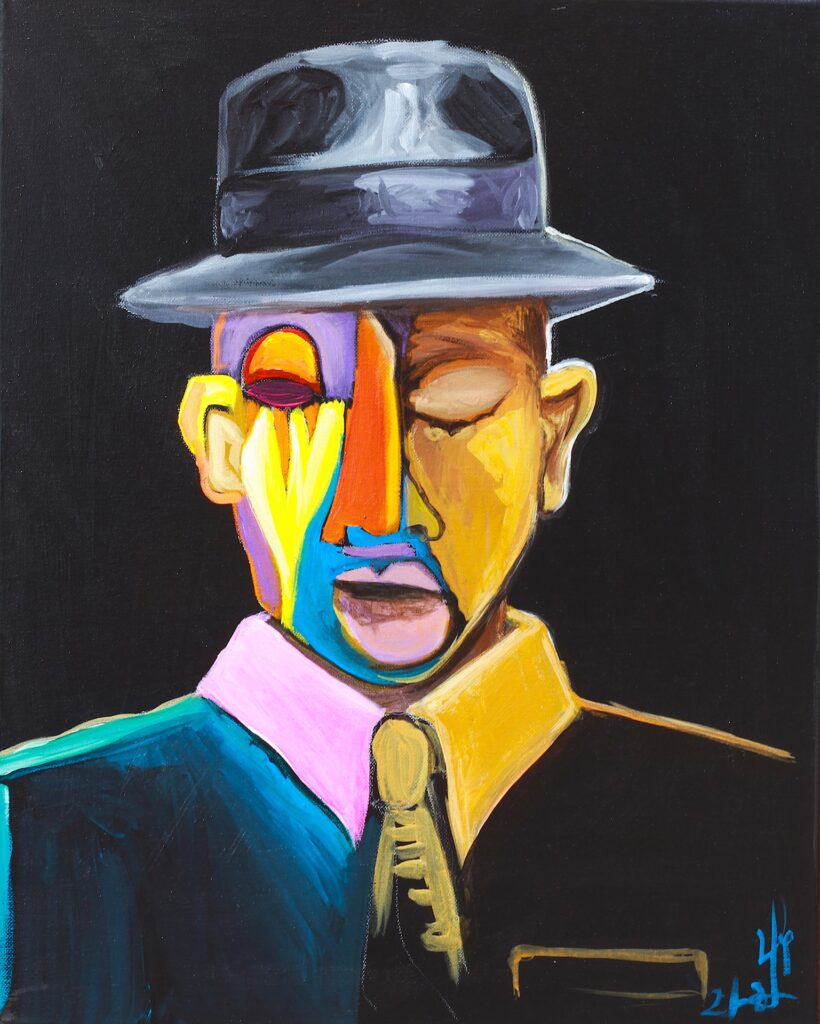 Titled "Memories of a Freedom March." Description: This is a somewhat abstract portrait of a man with a hat and suit on.