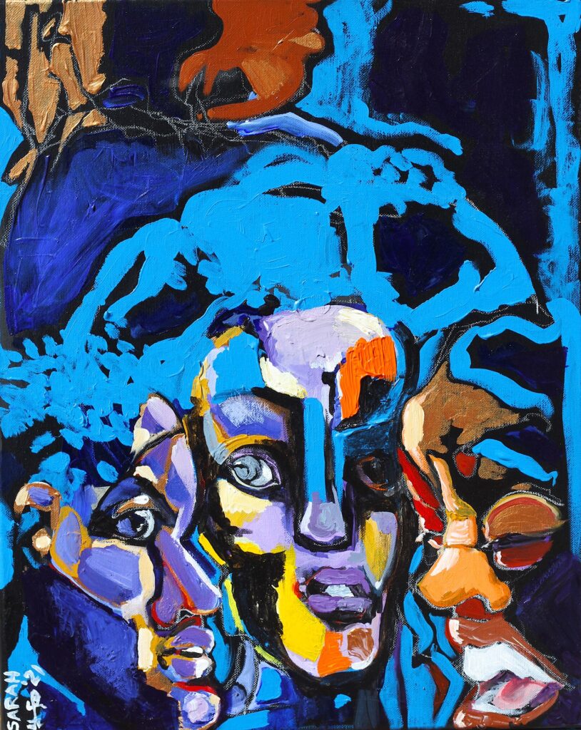 Titled "A Kiki in the Cabins." Description: This is an abstract painting with three, fractured faces at the bottom. The colors are primarily blues, purples, and browns.