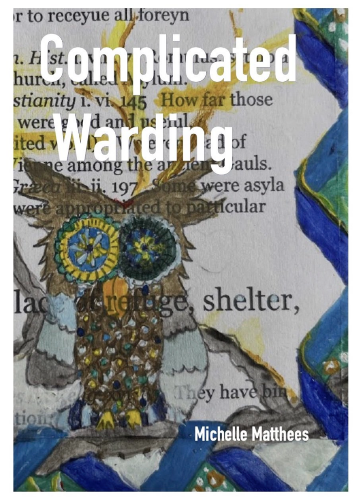The cover of "Complicated Warding." Description: There is a somewhat abstract owl on the cover. Behind it are words that have been blotted out (as in blackout poetry). 
