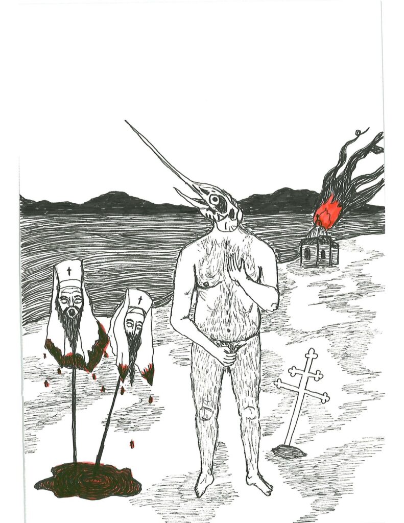 This is a black and white piece by Coyote Shook. It appears to take place on a beach. In the background, a building is on fire (the fire is red, the only color in the piece). In the foreground, a naked person with a bird head covers their nudity. Beside them are two bloody priest heads on stakes. There is a cross on the other side of a naked figure, implying a grave. 