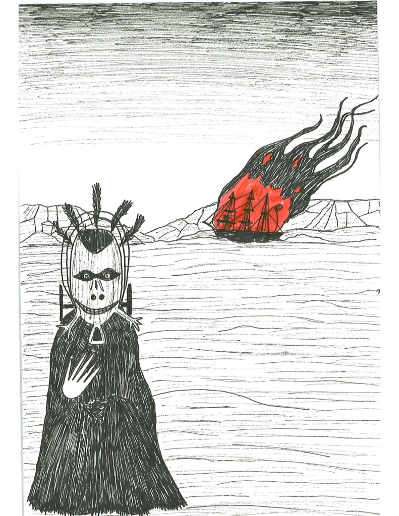 This is a black and white piece by Coyote Shook. It depicts an ocean, with a figure sitting in the foreground. They wear a black robe and have some kind of mask on. In the background, a ship burns (the fire is a red-orange color, the only color in the picture). 