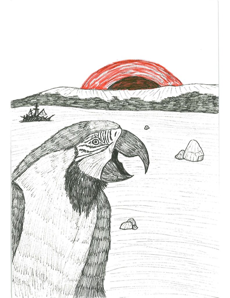 This is a black and white piece by Coyote Shook. It depicts an ocean, with a macaw in the foreground (possibly perching on some kind of branch out of sight). In the sea, there are a few rocks and an oil rig. The sun is rising or setting in the background (a red halo surrounds the sun, the only color used in the picture). 
